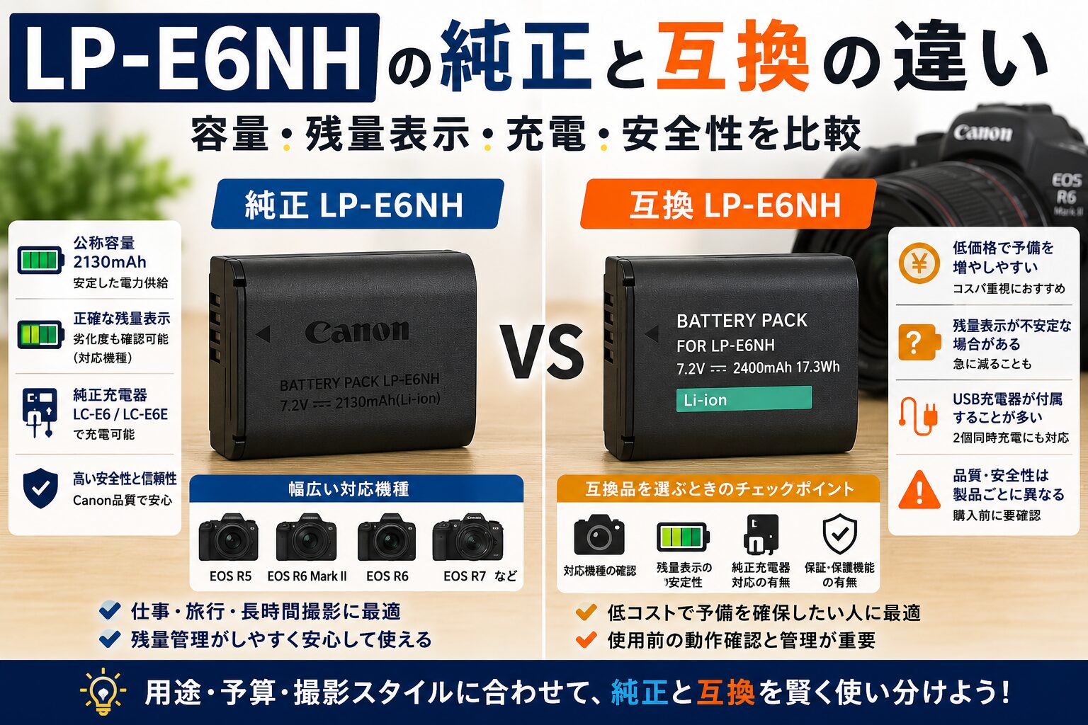 LP-E6NHの純正と互換の違い　容量・残量表示・充電・安全性を比較
