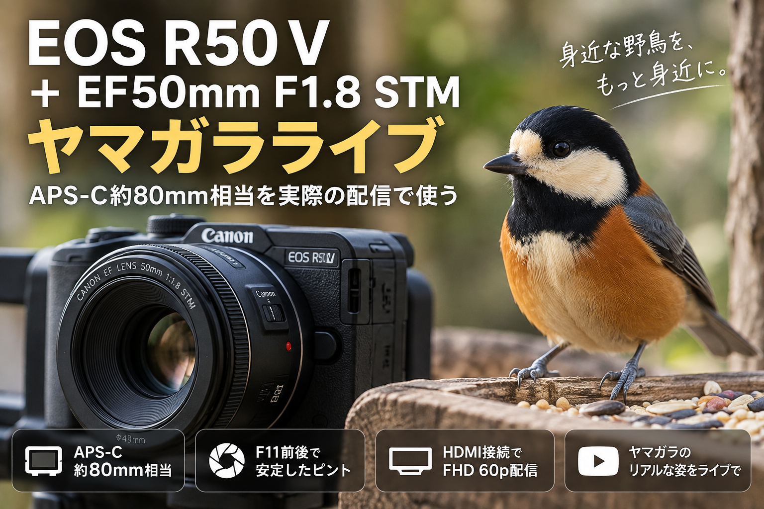 EOS R50 V＋EF50mm F1.8 STMでヤマガラライブ｜APS-C約80mm相当を実際の配信で使う