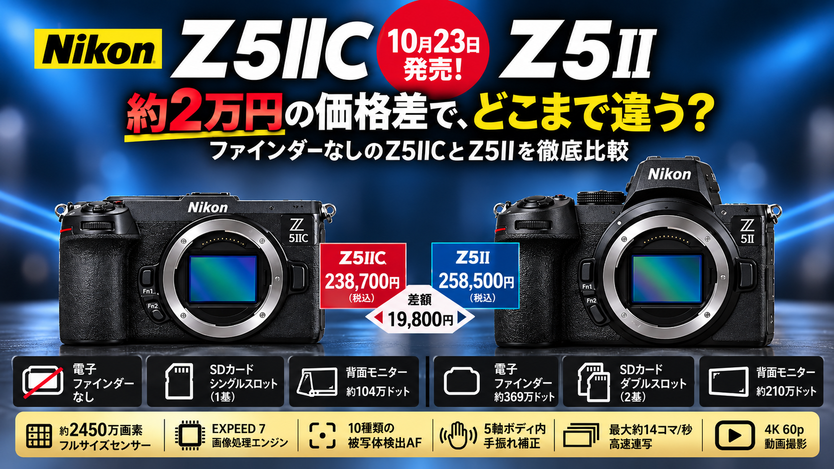 Nikon Z5IICが10月23日発売！Z5IIと徹底比較｜約2万円の価格差とファインダーなしの実力