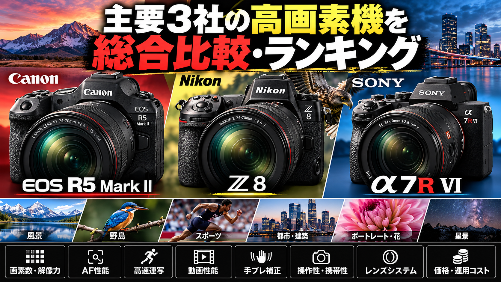 主要3社の高画素機を総合比較・ランキング！EOS R5 Mark II・Z8・α7R VIの実力