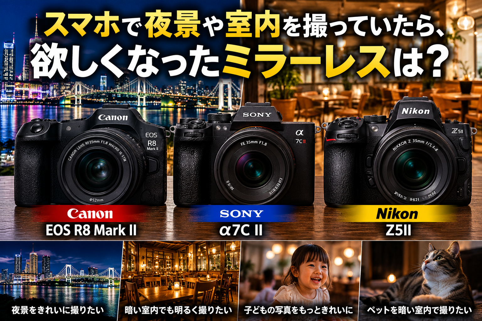 スマホで夜景や室内がうまく撮れない！欲しくなるミラーレス3機種とレンズの選び方