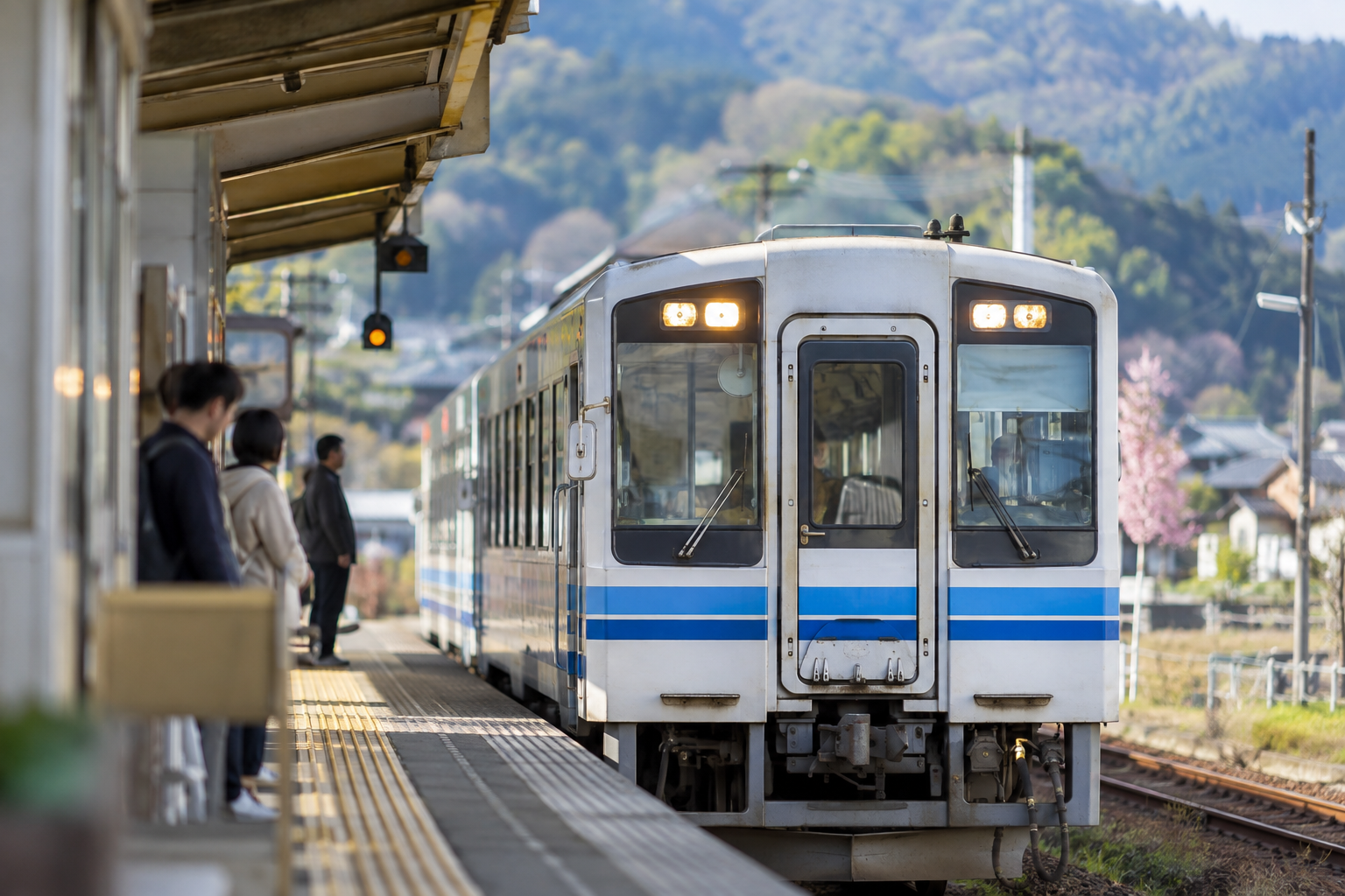 山里の駅に停車する列車を中望遠で切り取った作例
